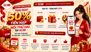 Chương trình tặng 50% tiền nạp mỗi thứ hai tại SC88 giúp người dùng bắt đầu tuần mới dễ dàng hơn